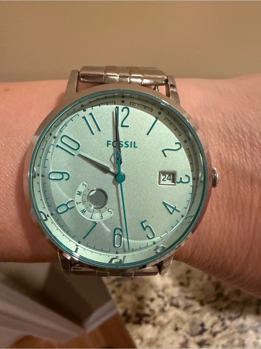 Fossil Silver Bracelet Watch with Mint Green Dial and Teal Accents